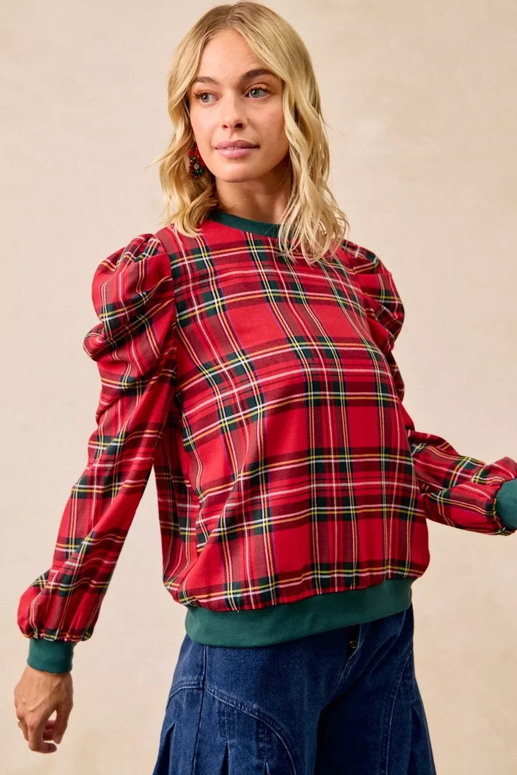 Bibi Christmas Plaid Exaggerated Shoulder Sleeves Top RED PLAID view 4 (top) - bibi christmas tops, bib - shop at us.meeeshop