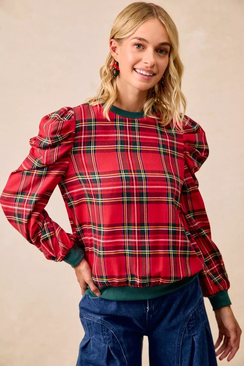 Bibi Christmas Plaid Exaggerated Shoulder Sleeves Top view 5 - Bibi Christmas Tops