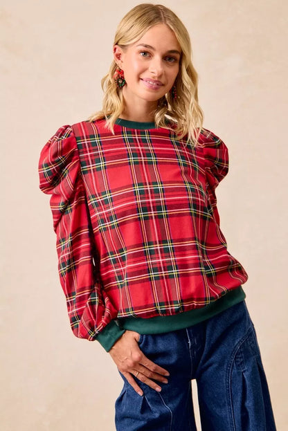 Bibi Christmas Plaid Exaggerated Shoulder Sleeves Top view 6 - Bibi Christmas Tops