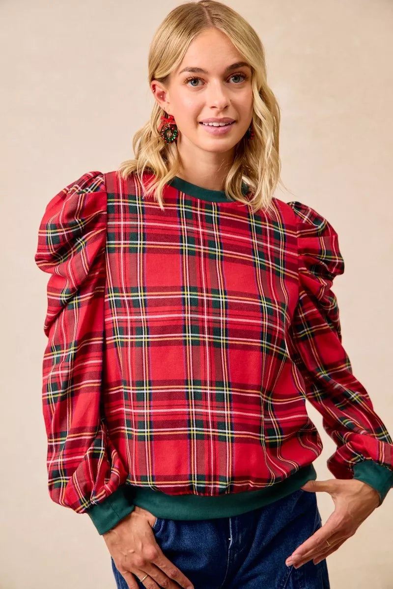 Bibi Christmas Plaid Exaggerated Shoulder Sleeves Top view 7 - Bibi Christmas Tops
