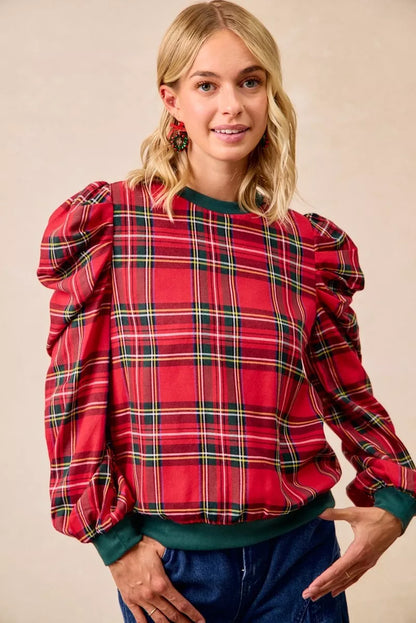 Bibi Christmas Plaid Exaggerated Shoulder Sleeves Top view 7 - Bibi Christmas Tops