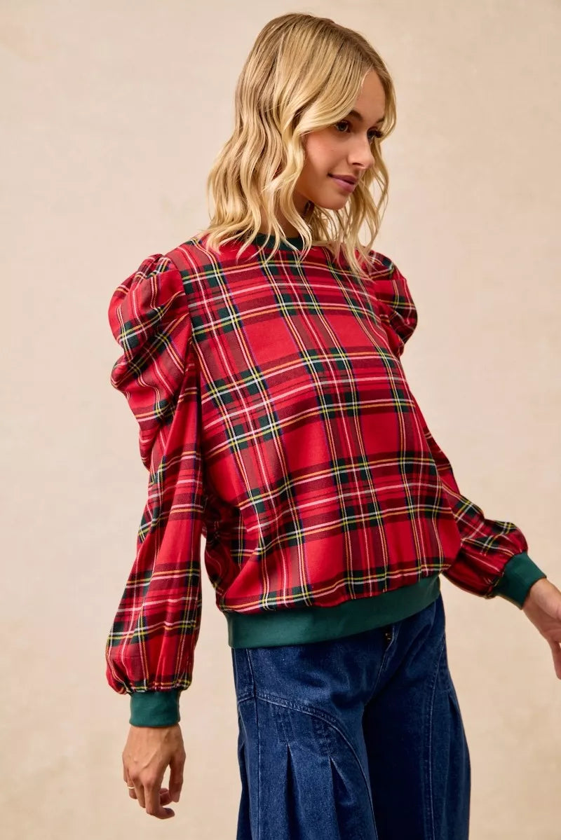 Bibi Christmas Plaid Exaggerated Shoulder Sleeves Top view 8 - Bibi Christmas Tops