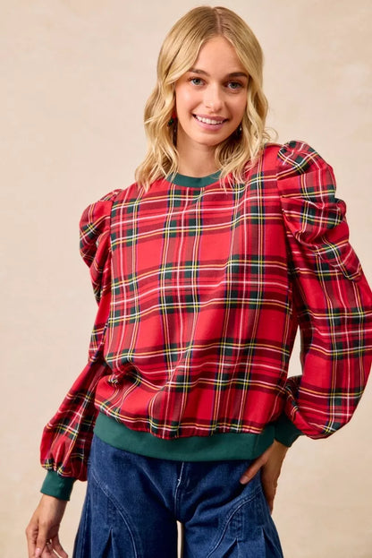 Bibi Christmas Plaid Exaggerated Shoulder Sleeves Top view 9 - Bibi Christmas Tops
