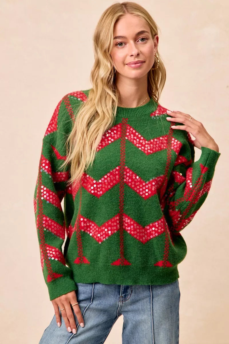 Bibi Christmas Theme Chevron Sequins Detail Sweater in HUNTER/RED - Bibi Christmas Sweatshirt (top)