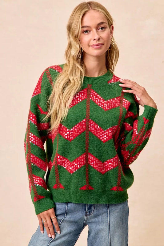 Bibi Christmas Theme Chevron Sequins Detail Sweater in HUNTER/RED - Bibi Christmas Sweatshirt (top)