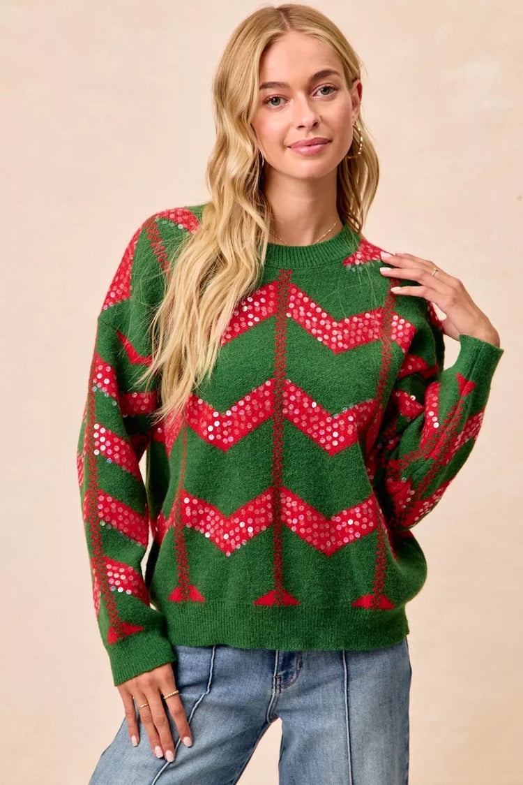 Bibi Christmas Theme Chevron Sequins Detail Sweater HUNTER/RED (top) - bibi christmas sweatshirt, bibi  - shop at us.meeeshop