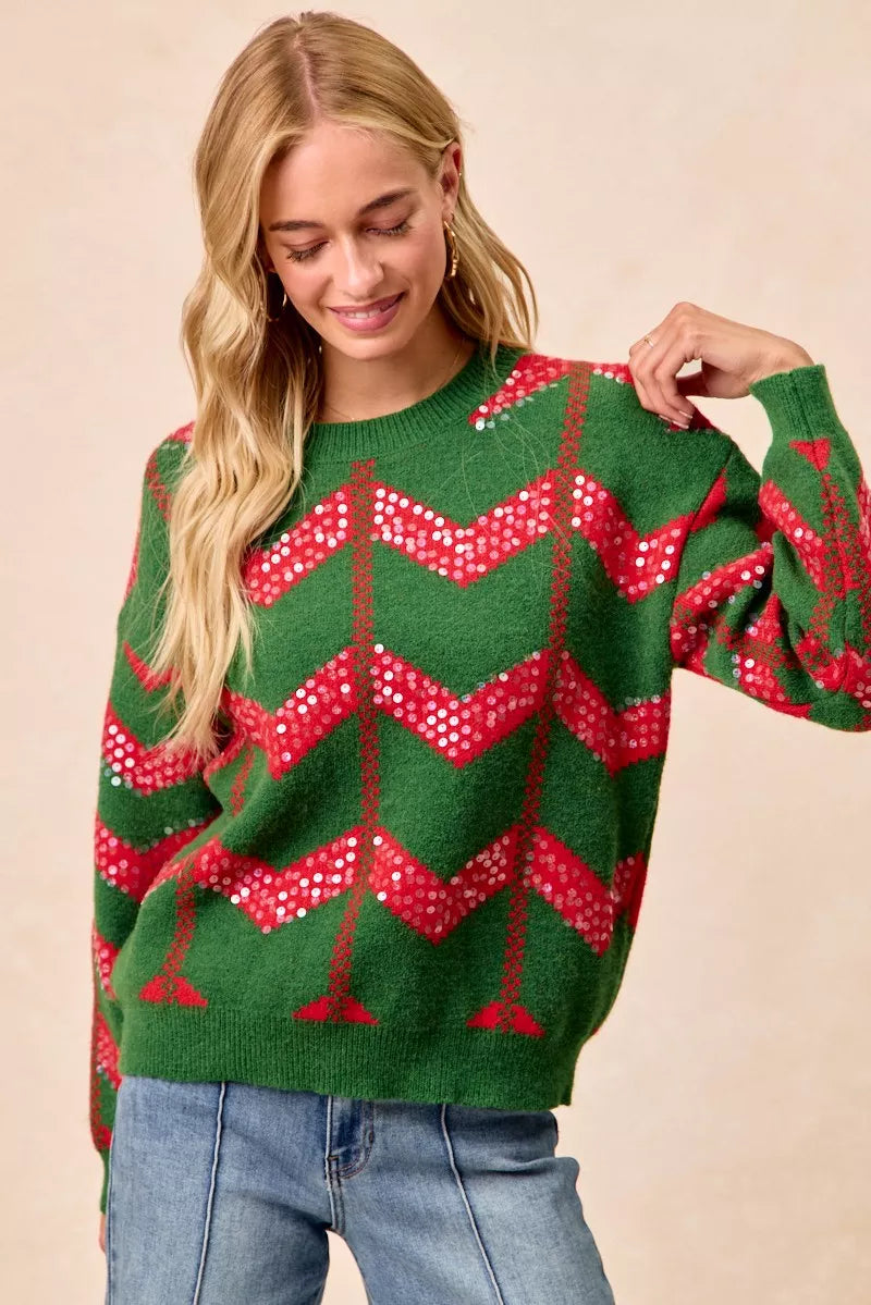 Bibi Christmas Theme Chevron Sequins Detail Sweater in HUNTER/RED view 2 - Bibi Christmas Sweatshirt (top)