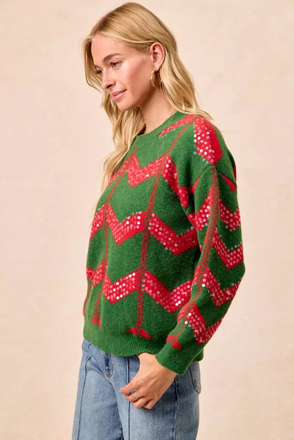 Bibi Christmas Theme Chevron Sequins Detail Sweater in HUNTER/RED view 3 - Bibi Christmas Sweatshirt (top)