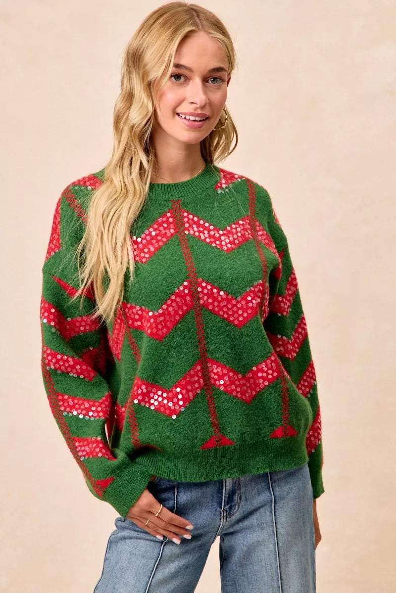 Bibi Christmas Theme Chevron Sequins Detail Sweater in HUNTER/RED view 4 - Bibi Christmas Sweatshirt (top)