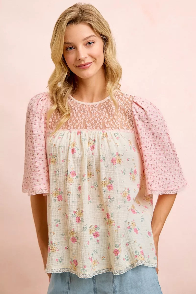Bibi Crinkle Floral Gauze Mix and Matched Blouse Top CREAM/PINK (top) - top blouse, matched top blouse - shop at us.meeeshop