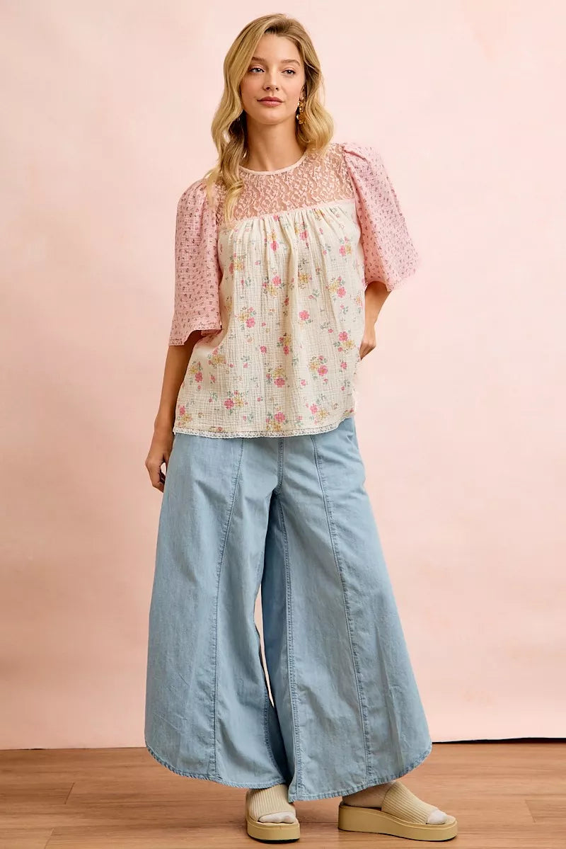 Bibi Crinkle Floral Gauze Mix and Matched Blouse Top view 10 (top) - top blouse, matched top blouse - shop at us.meeeshop