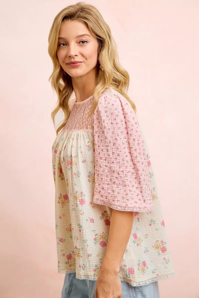 Bibi Crinkle Floral Gauze Mix and Matched Blouse Top CREAM/PINK view 2 (top) - top blouse, matched top  - shop at us.meeeshop