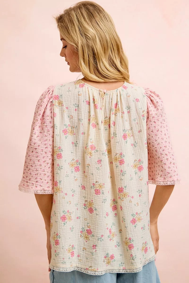 Bibi Crinkle Floral Gauze Mix and Matched Blouse Top CREAM/PINK view 3 (top) - top blouse, matched top  - shop at us.meeeshop