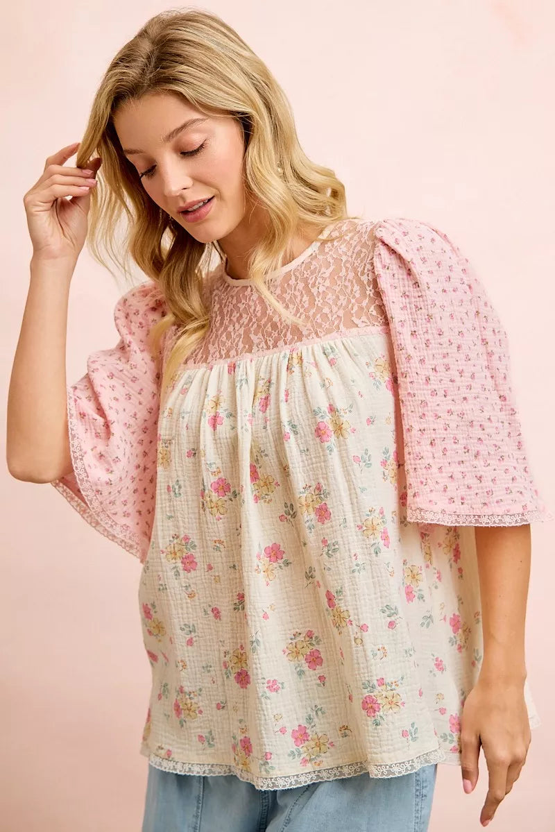 Bibi Crinkle Floral Gauze Mix and Matched Blouse Top CREAM/PINK view 4 (top) - top blouse, matched top  - shop at us.meeeshop