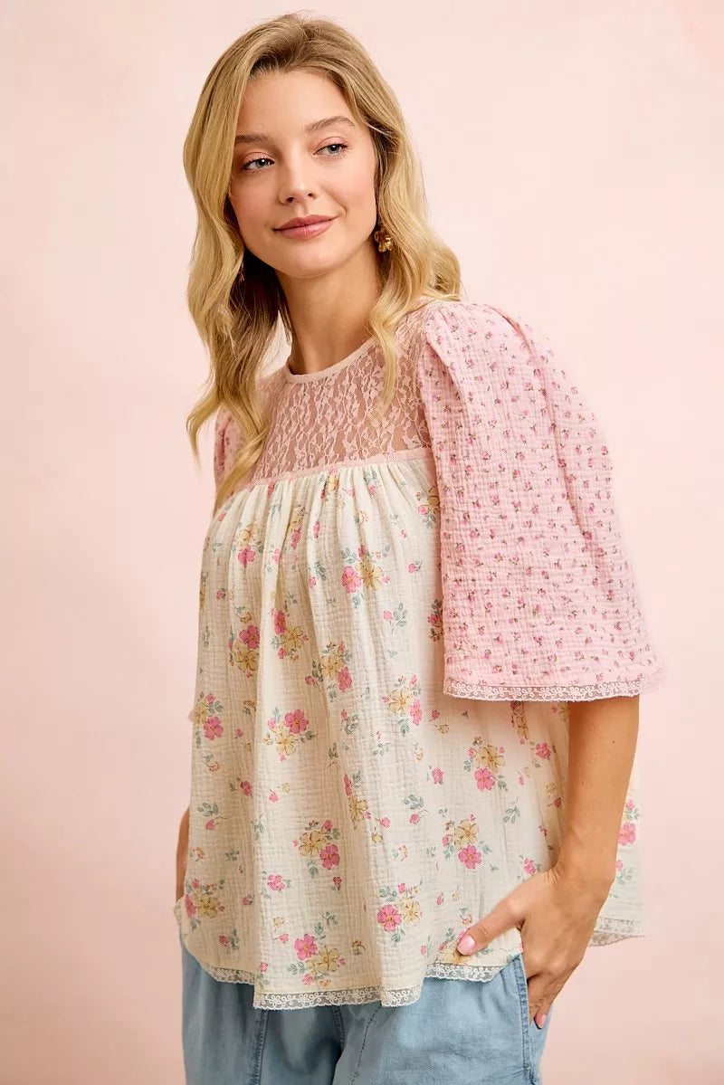 Bibi Crinkle Floral Gauze Mix and Matched Blouse Top view 5 (top) - top blouse, matched top blouse - shop at us.meeeshop