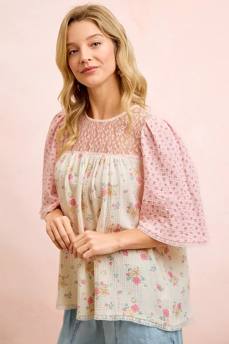 Bibi Crinkle Floral Gauze Mix and Matched Blouse Top view 6 (top) - top blouse, matched top blouse - shop at us.meeeshop