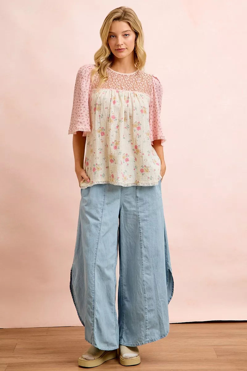 Bibi Crinkle Floral Gauze Mix and Matched Blouse Top view 7 (top) - top blouse, matched top blouse - shop at us.meeeshop