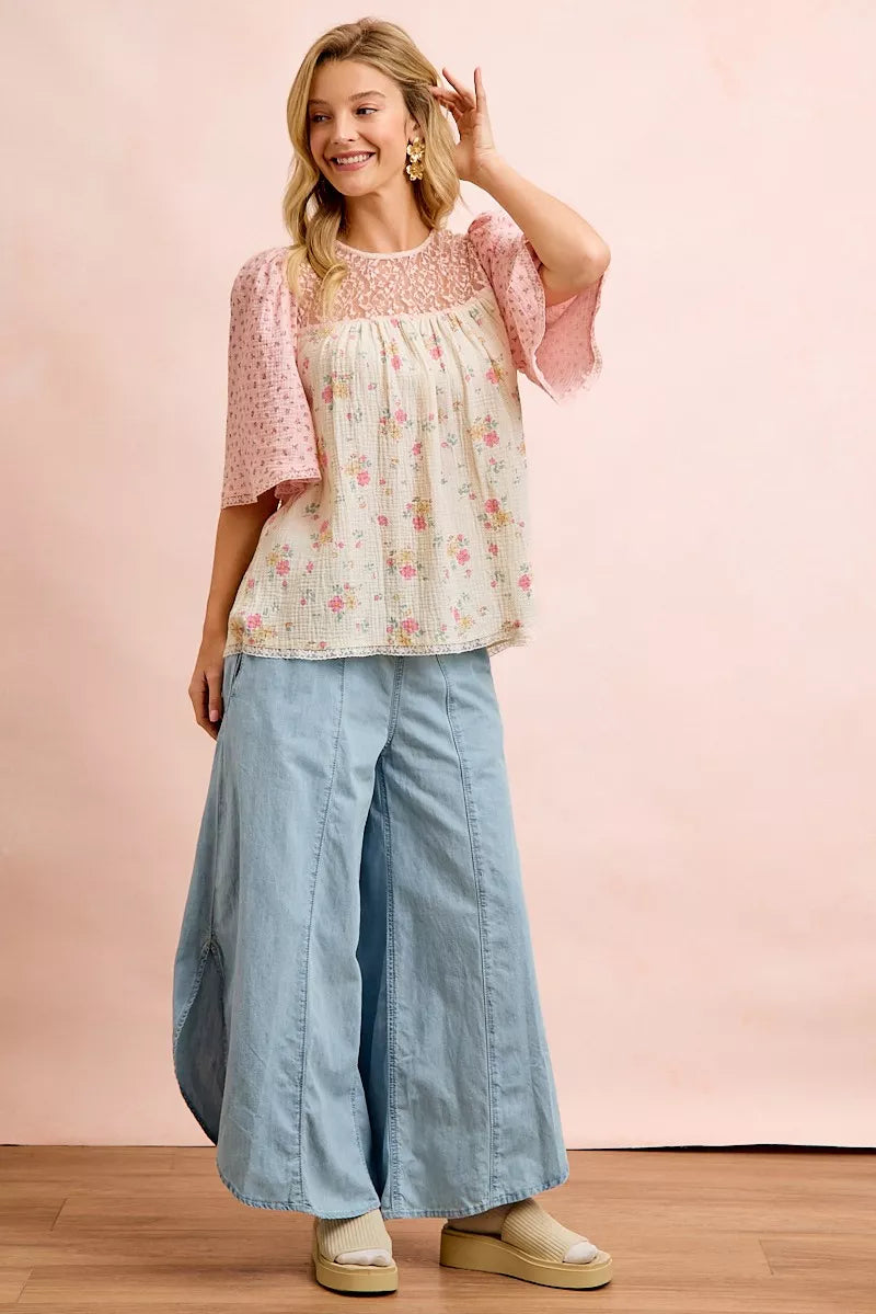 Bibi Crinkle Floral Gauze Mix and Matched Blouse Top view 8 (top) - top blouse, matched top blouse - shop at us.meeeshop