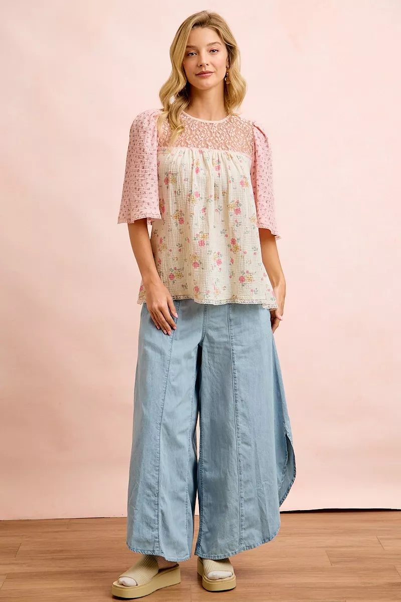 Bibi Crinkle Floral Gauze Mix and Matched Blouse Top view 9 (top) - top blouse, matched top blouse - shop at us.meeeshop