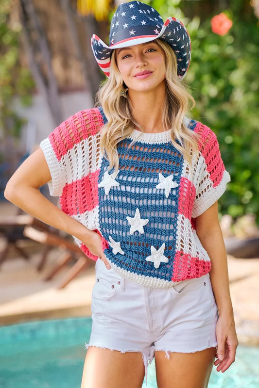 bibi crochet star Bibi Crochet Star Patches 4th of July Sweater Cover Up view 2 (layer) - shop at us.meeeshop