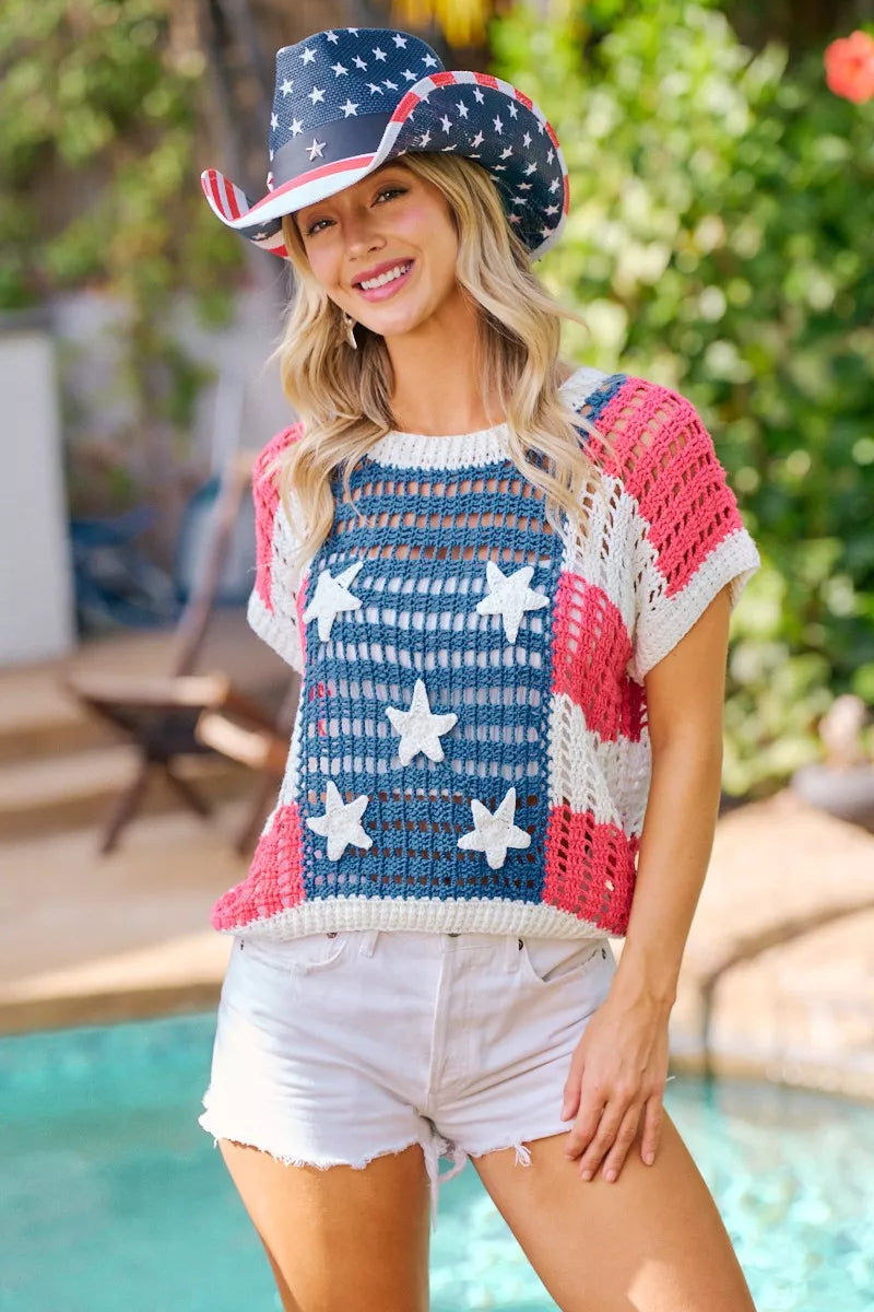 bibi crochet star Bibi Crochet Star Patches 4th of July Sweater Cover Up view 5 (top) - shop at us.meeeshop