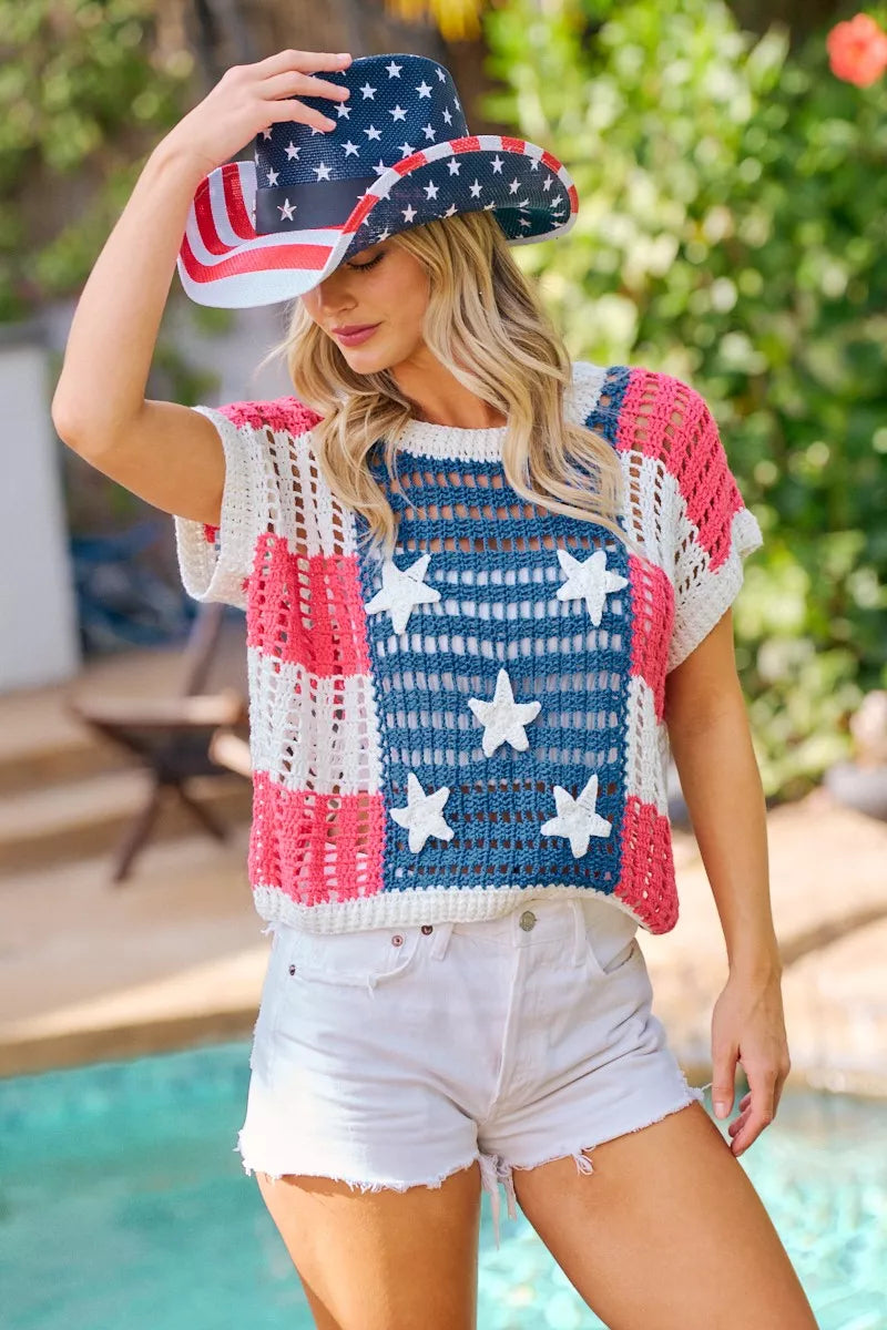 bibi crochet star Bibi Crochet Star Patches 4th of July Sweater Cover Up view 6 (top) - shop at us.meeeshop