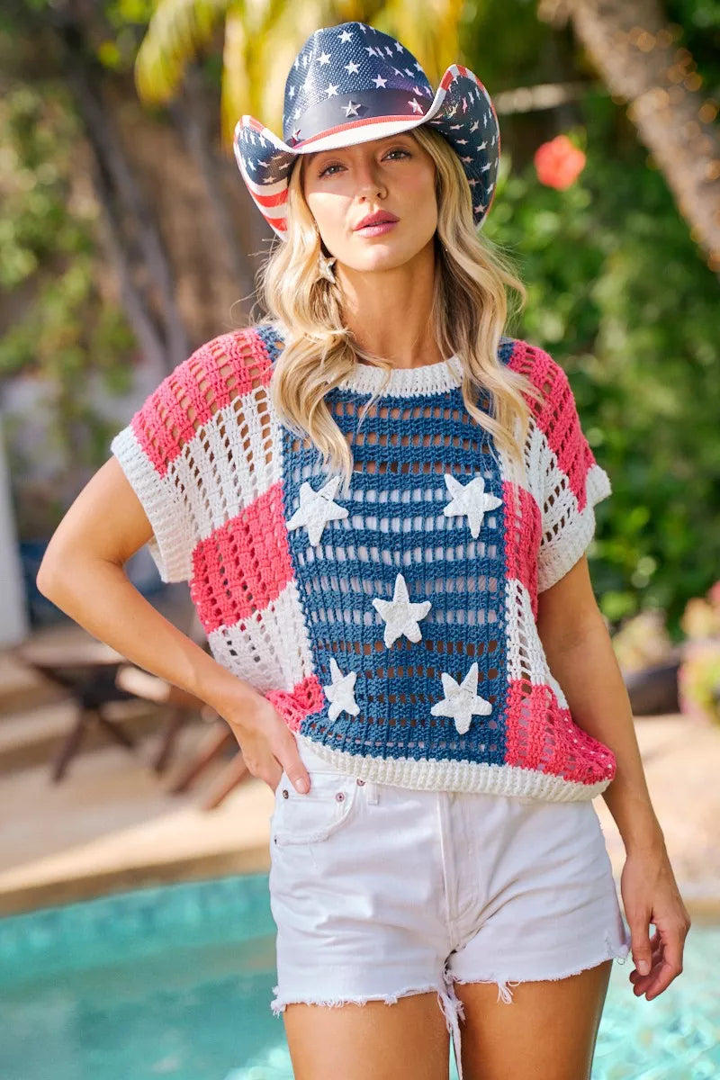 bibi crochet star Bibi Crochet Star Patches 4th of July Sweater Cover Up view 7 (top) - shop at us.meeeshop