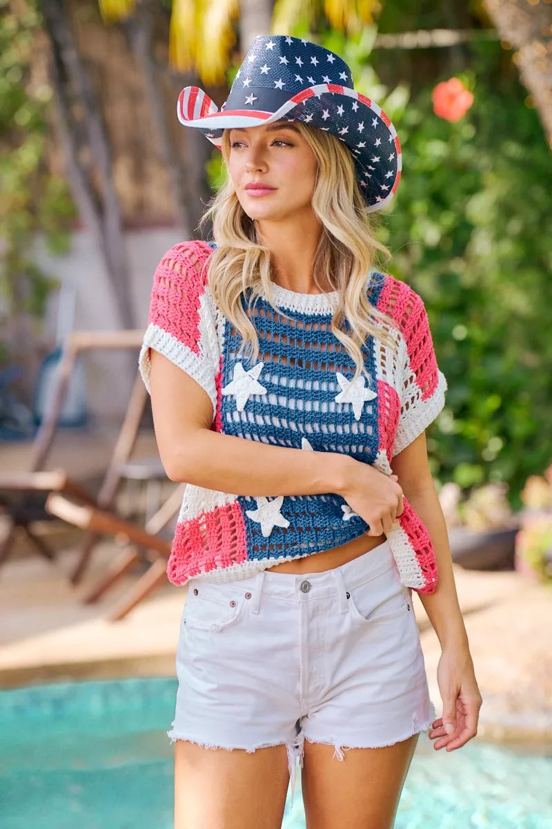 bibi crochet star Bibi Crochet Star Patches 4th of July Sweater Cover Up view 9 (top) - shop at us.meeeshop