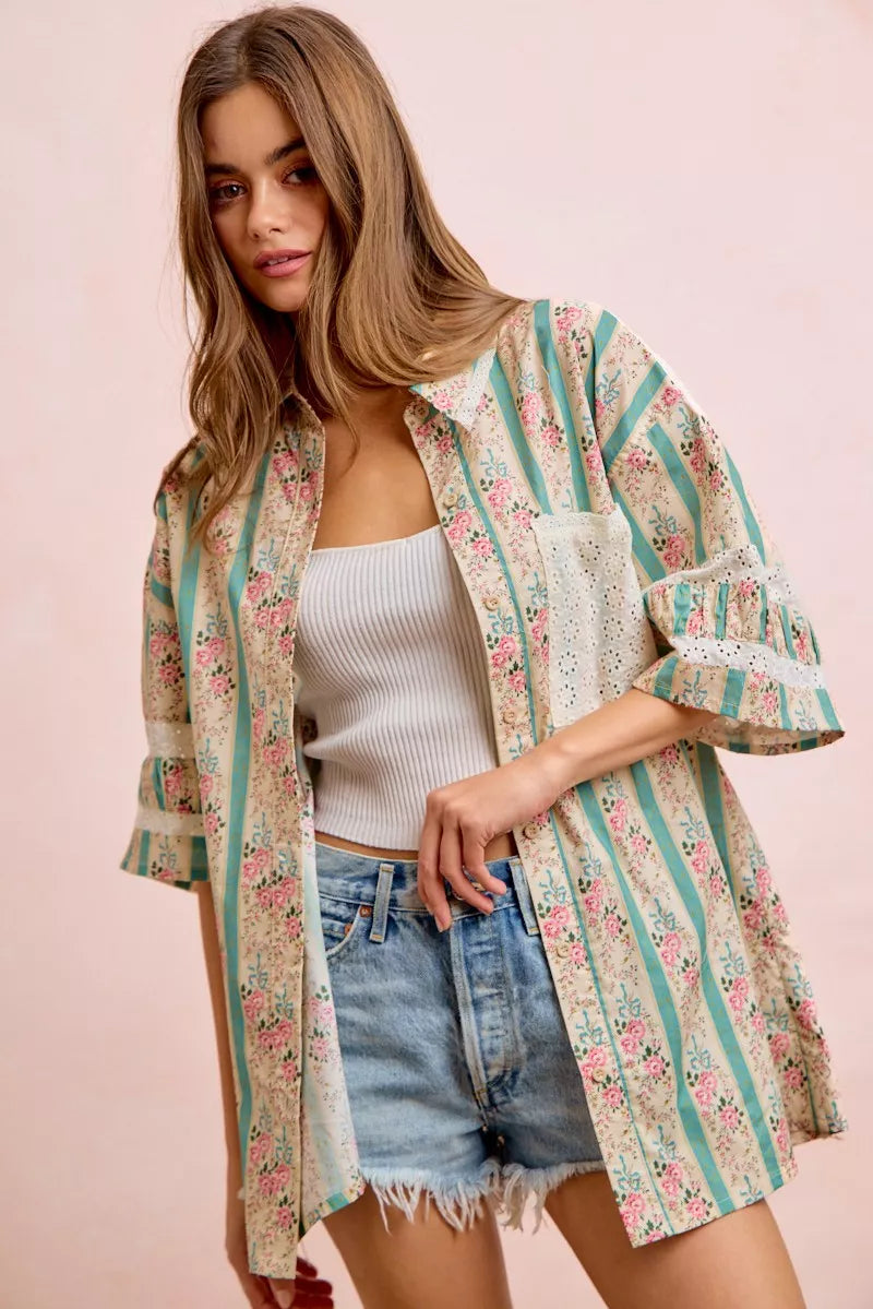 Bibi Eyelet Lace and Floral Mix and Match Shirt Top TEAL (top) - eyelet bib, bibi knit top, bibi top - shop at us.meeeshop