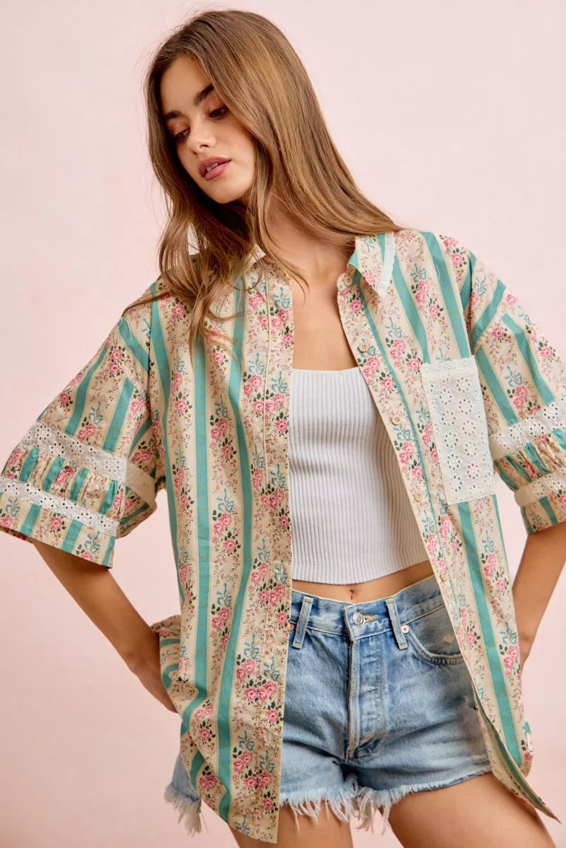 Bibi Eyelet Lace and Floral Mix and Match Shirt Top view 17 (top) - eyelet bib, bibi knit top, bibi top - shop at us.meeeshop