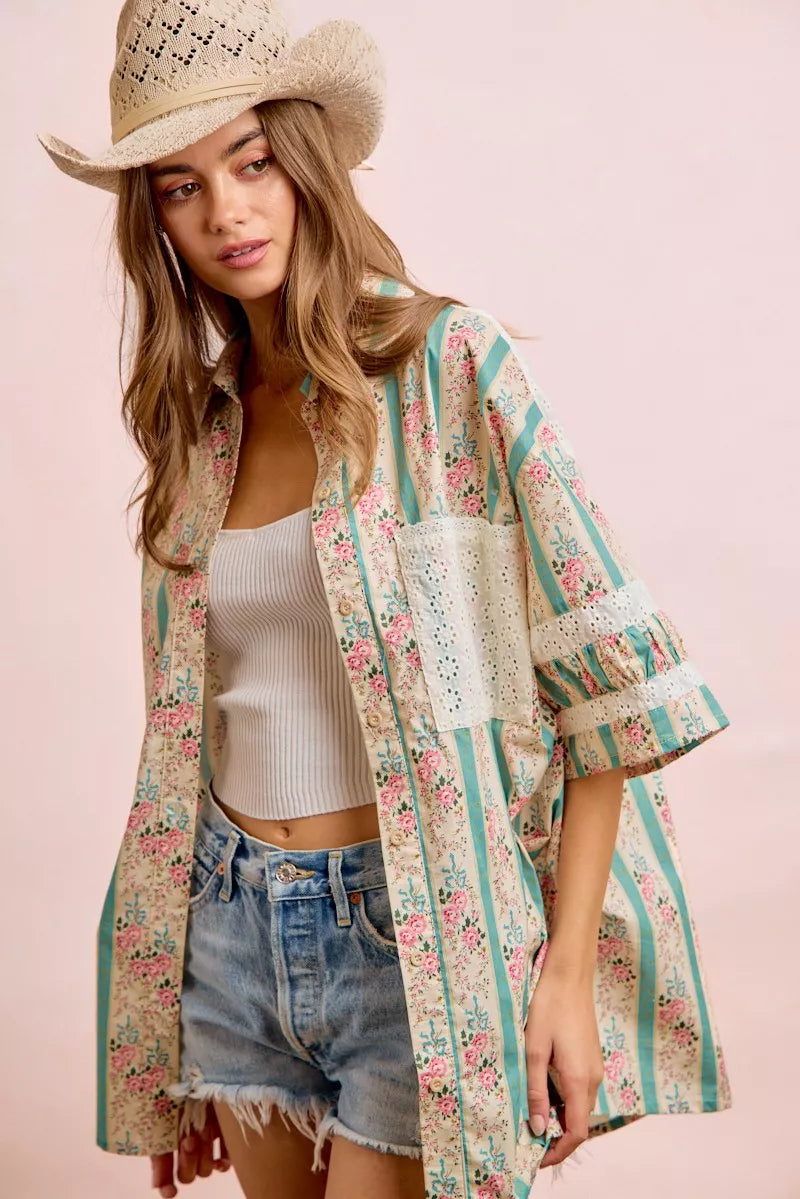 Bibi Eyelet Lace and Floral Mix and Match Shirt Top view 18 (top) - eyelet bib, bibi knit top, bibi top - shop at us.meeeshop