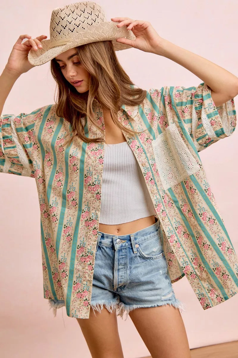 Bibi Eyelet Lace and Floral Mix and Match Shirt Top view 19 (top) - eyelet bib, bibi knit top, bibi top - shop at us.meeeshop