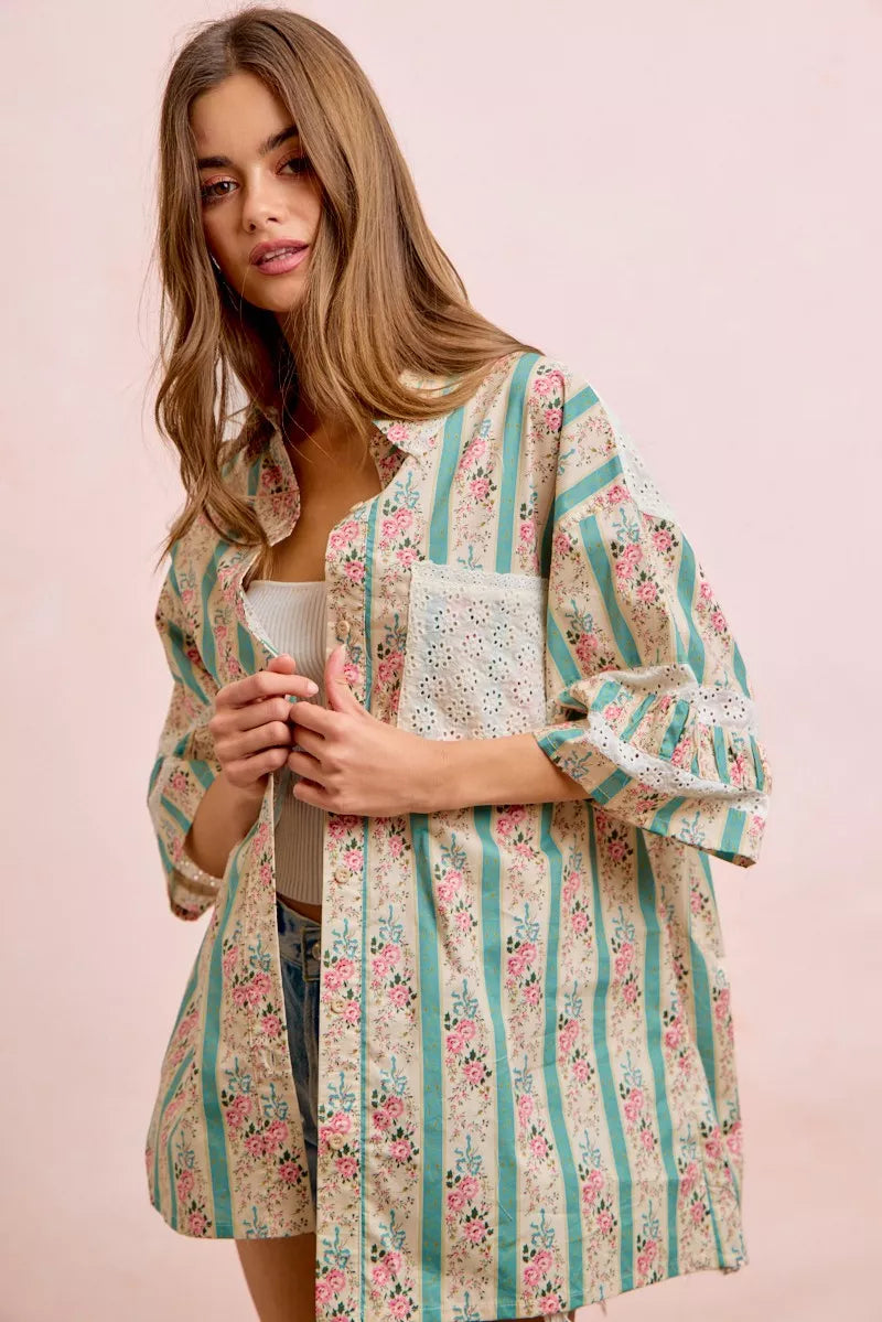 Bibi Eyelet Lace and Floral Mix and Match Shirt Top TEAL view 2 (top) - eyelet bib, bibi knit top, bibi - shop at us.meeeshop
