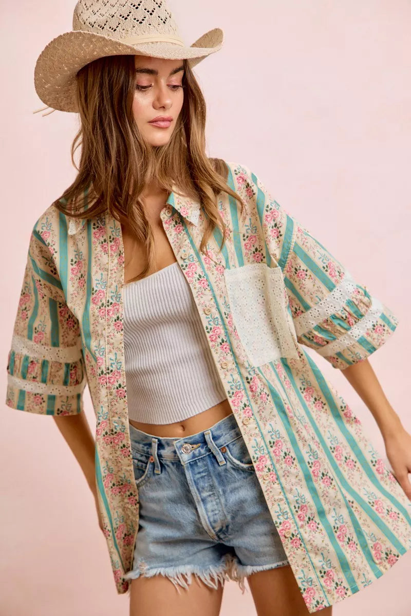 Bibi Eyelet Lace and Floral Mix and Match Shirt Top view 20 (top) - eyelet bib, bibi knit top, bibi top - shop at us.meeeshop