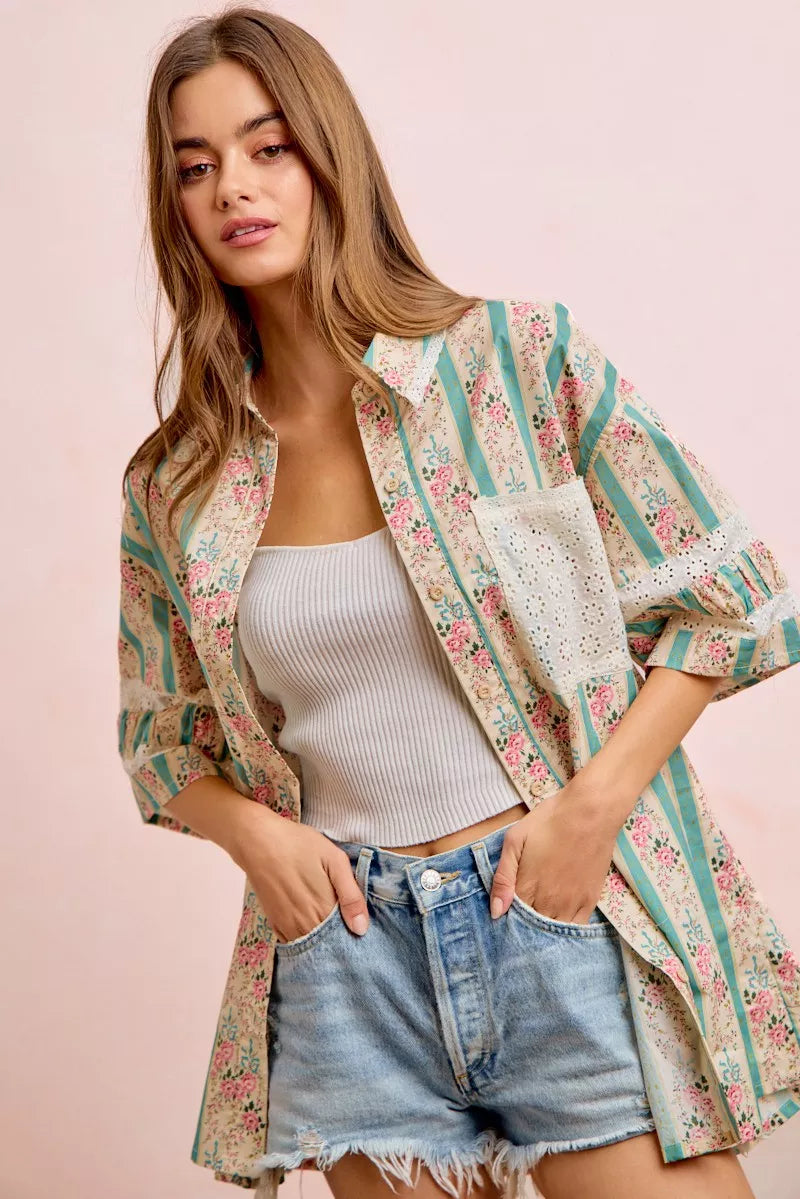 Bibi Eyelet Lace and Floral Mix and Match Shirt Top view 21 (top) - eyelet bib, bibi knit top, bibi top - shop at us.meeeshop