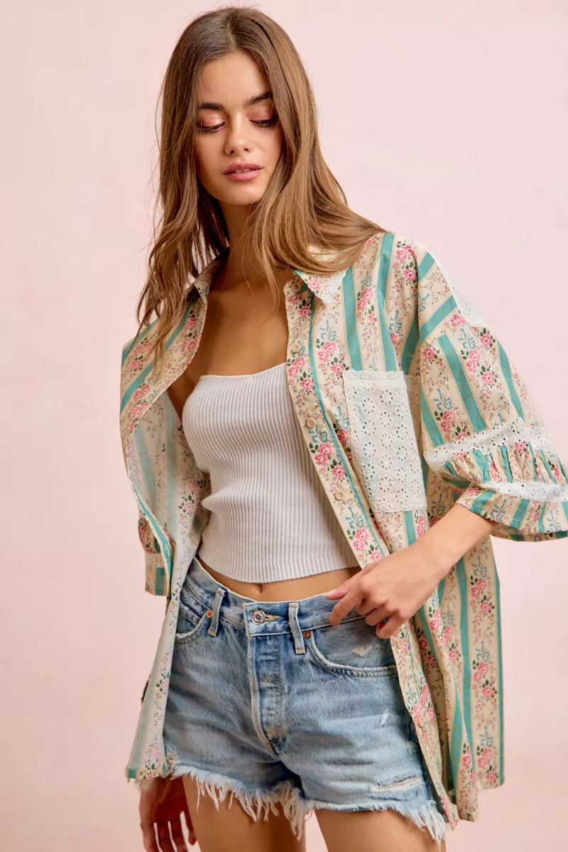Bibi Eyelet Lace and Floral Mix and Match Shirt Top view 22 (top) - eyelet bib, bibi knit top, bibi top - shop at us.meeeshop