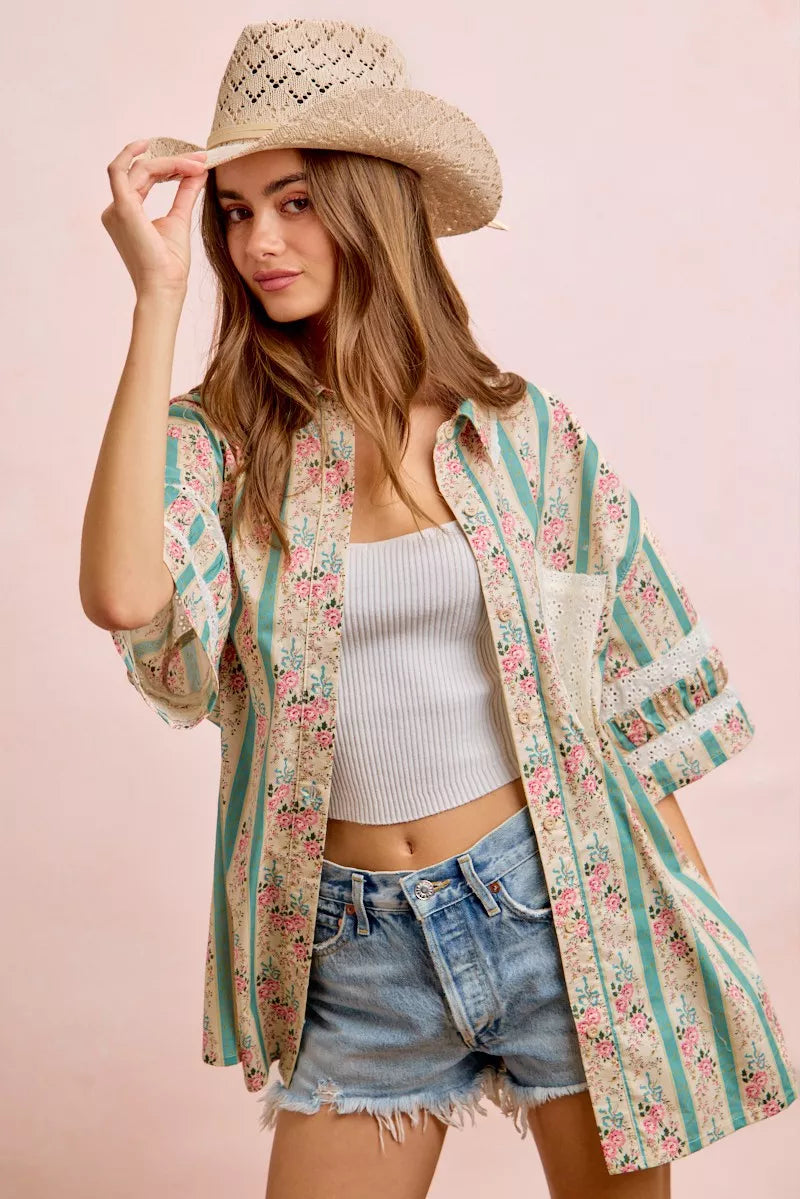 Bibi Eyelet Lace and Floral Mix and Match Shirt Top view 23 (top) - eyelet bib, bibi knit top, bibi top - shop at us.meeeshop