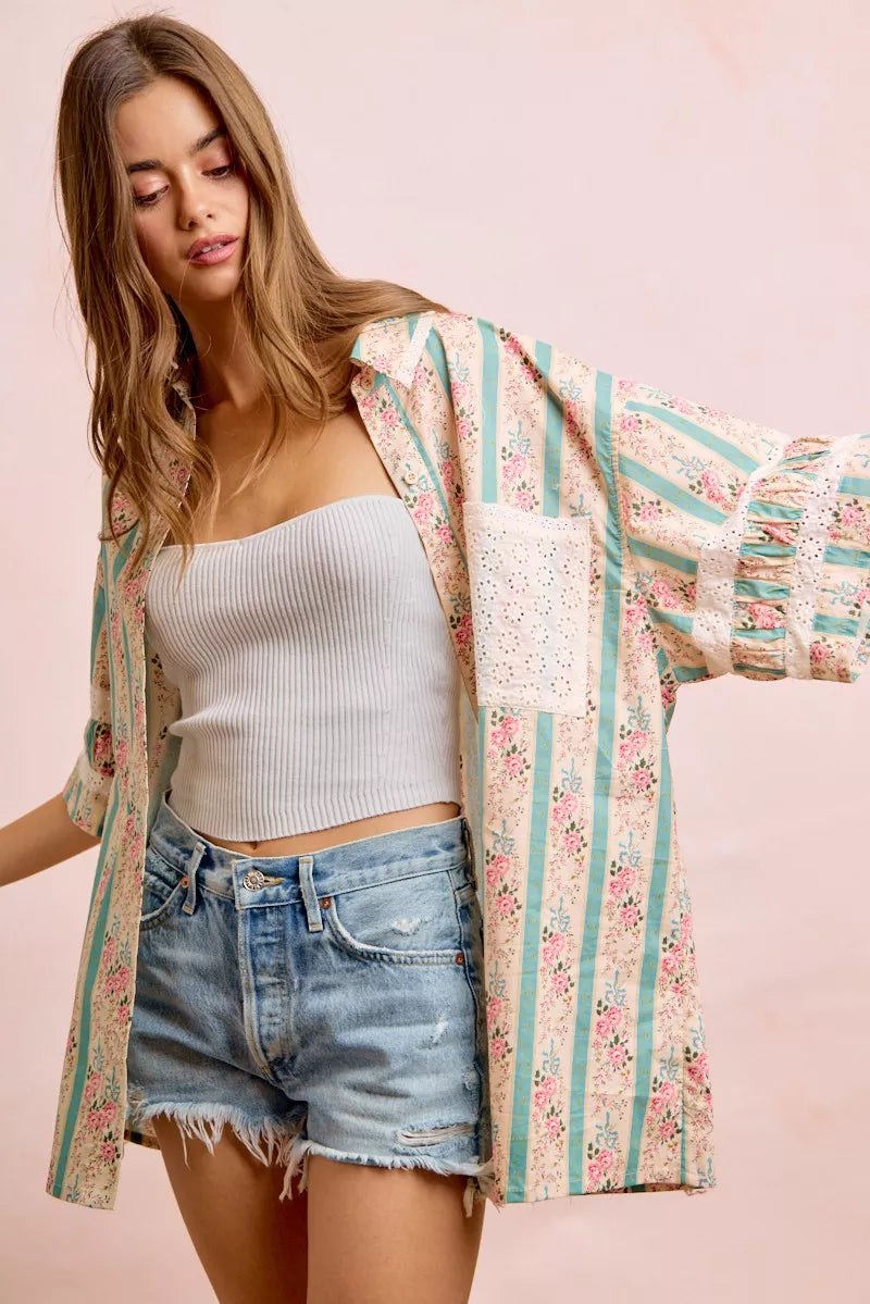 Bibi Eyelet Lace and Floral Mix and Match Shirt Top view 24 (top) - eyelet bib, bibi knit top, bibi top - shop at us.meeeshop