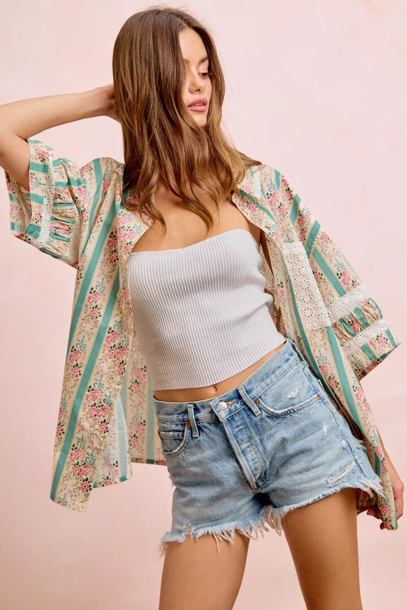 Bibi Eyelet Lace and Floral Mix and Match Shirt Top view 25 (top) - eyelet bib, bibi knit top, bibi top - shop at us.meeeshop