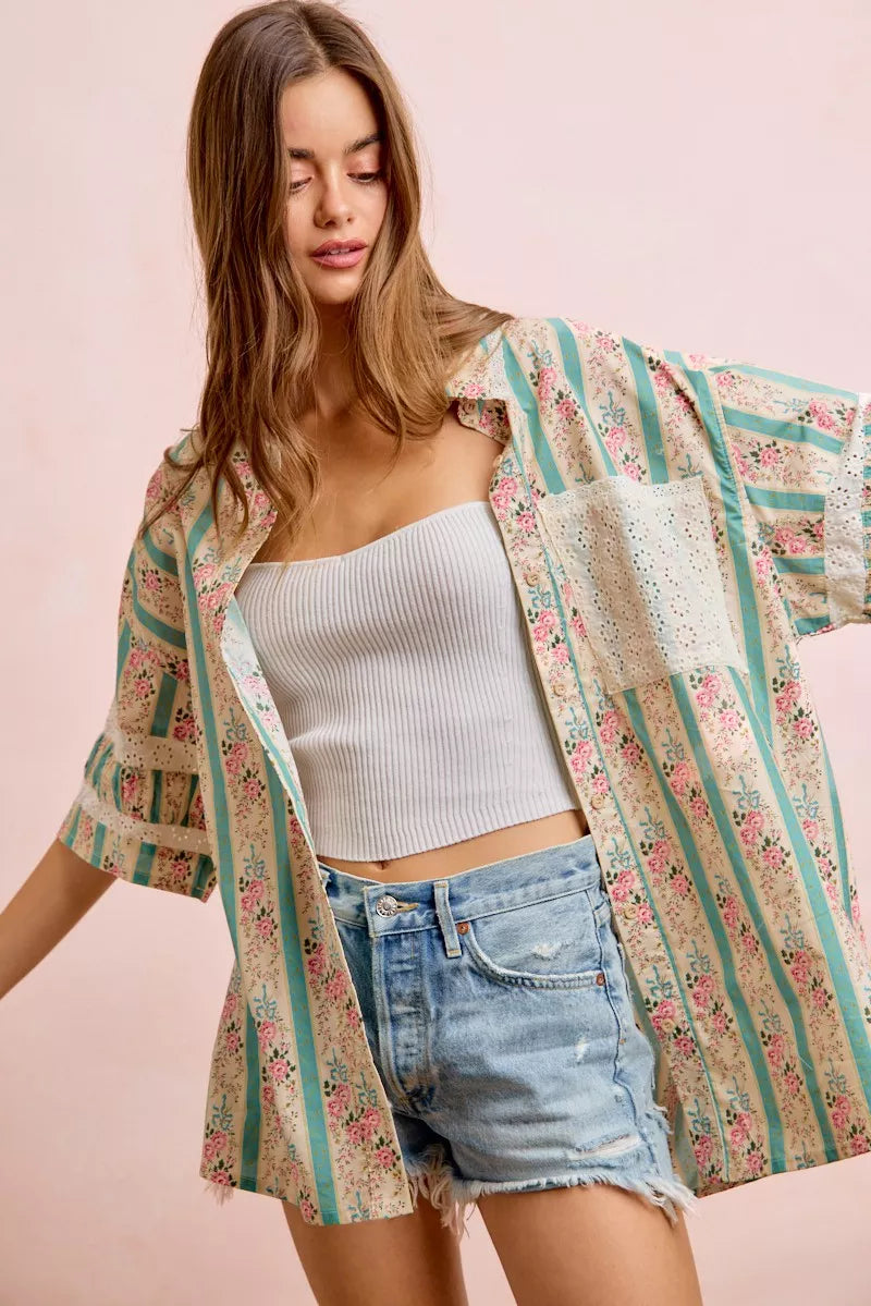 Bibi Eyelet Lace and Floral Mix and Match Shirt Top view 26 (top) - eyelet bib, bibi knit top, bibi top - shop at us.meeeshop