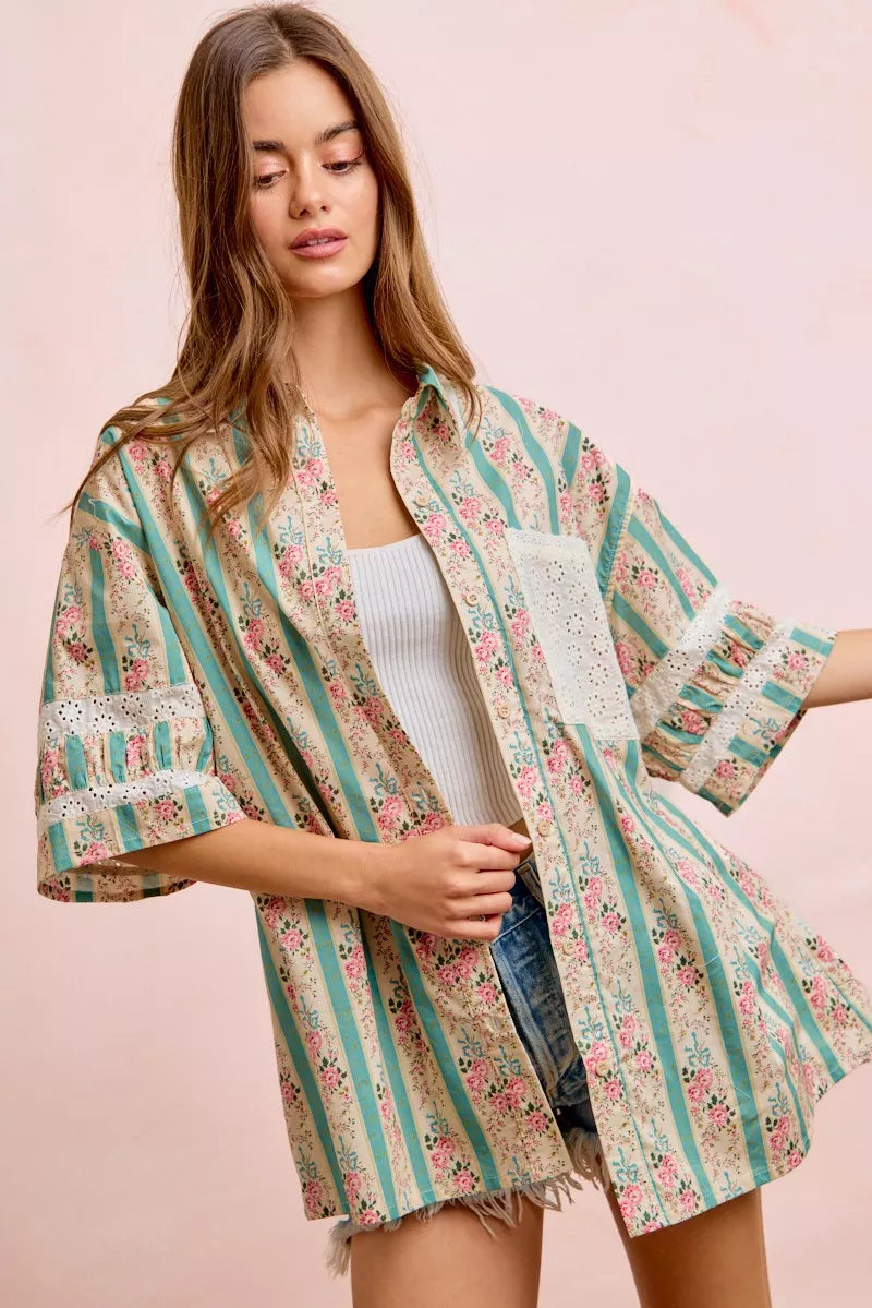 Bibi Eyelet Lace and Floral Mix and Match Shirt Top view 28 (top) - eyelet bib, bibi knit top, bibi top - shop at us.meeeshop