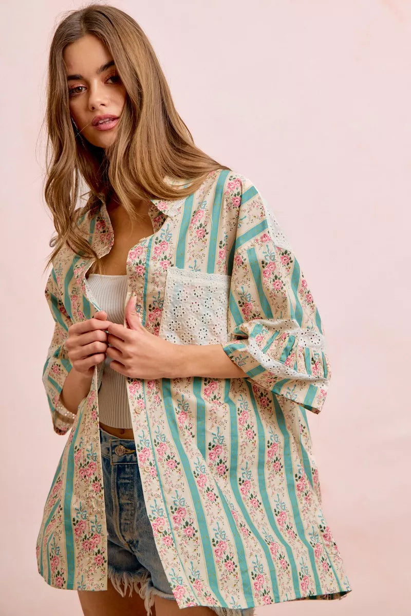 Bibi Eyelet Lace and Floral Mix and Match Shirt Top view 29 (top) - eyelet bib, bibi knit top, bibi top - shop at us.meeeshop