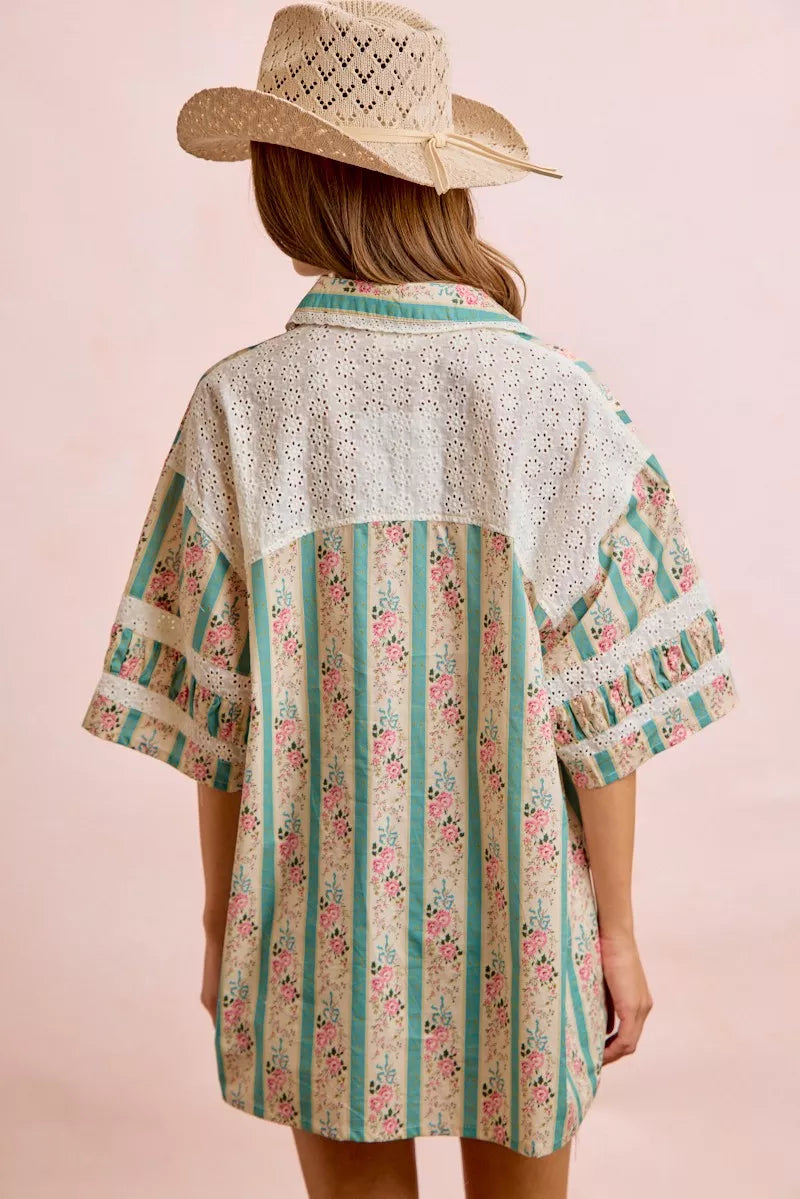 Bibi Eyelet Lace and Floral Mix and Match Shirt Top TEAL view 3 (top) - eyelet bib, bibi knit top, bibi - shop at us.meeeshop