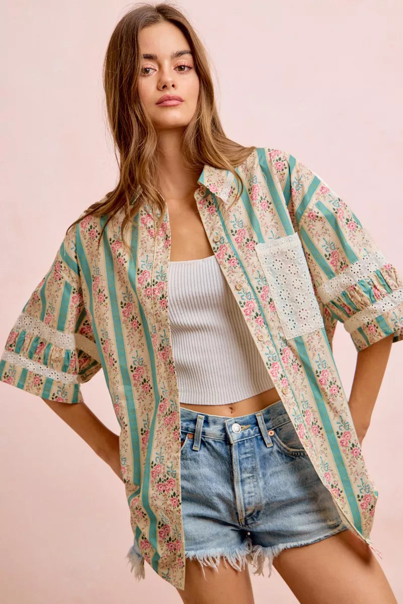 Bibi Eyelet Lace and Floral Mix and Match Shirt Top view 30 (top) - eyelet bib, bibi knit top, bibi top - shop at us.meeeshop