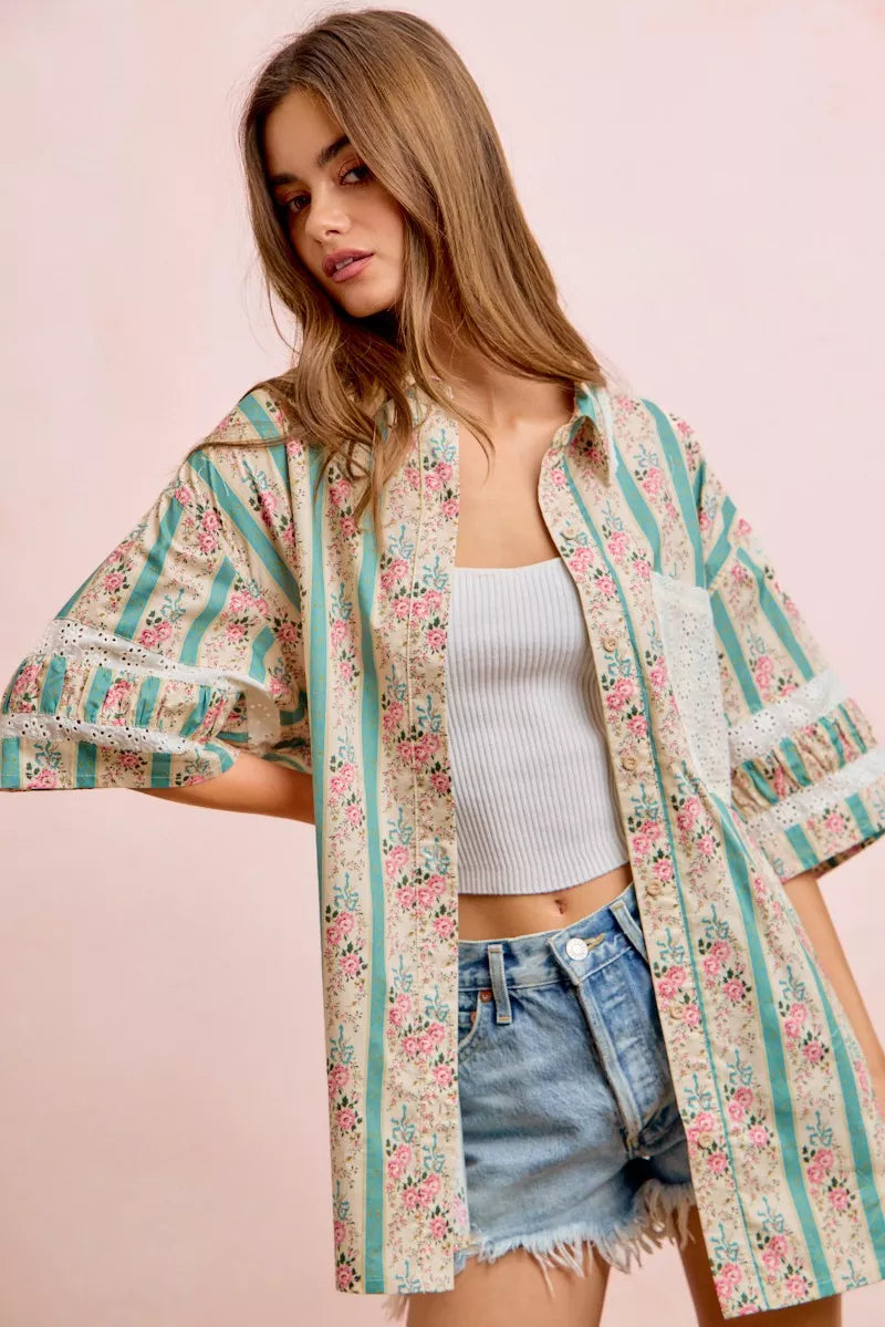 Bibi Eyelet Lace and Floral Mix and Match Shirt Top view 31 (top) - eyelet bib, bibi knit top, bibi top - shop at us.meeeshop