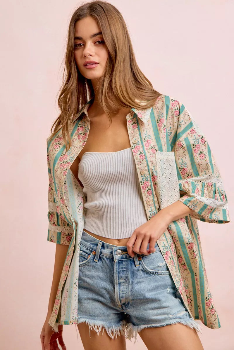 Bibi Eyelet Lace and Floral Mix and Match Shirt Top view 32 (top) - eyelet bib, bibi knit top, bibi top - shop at us.meeeshop