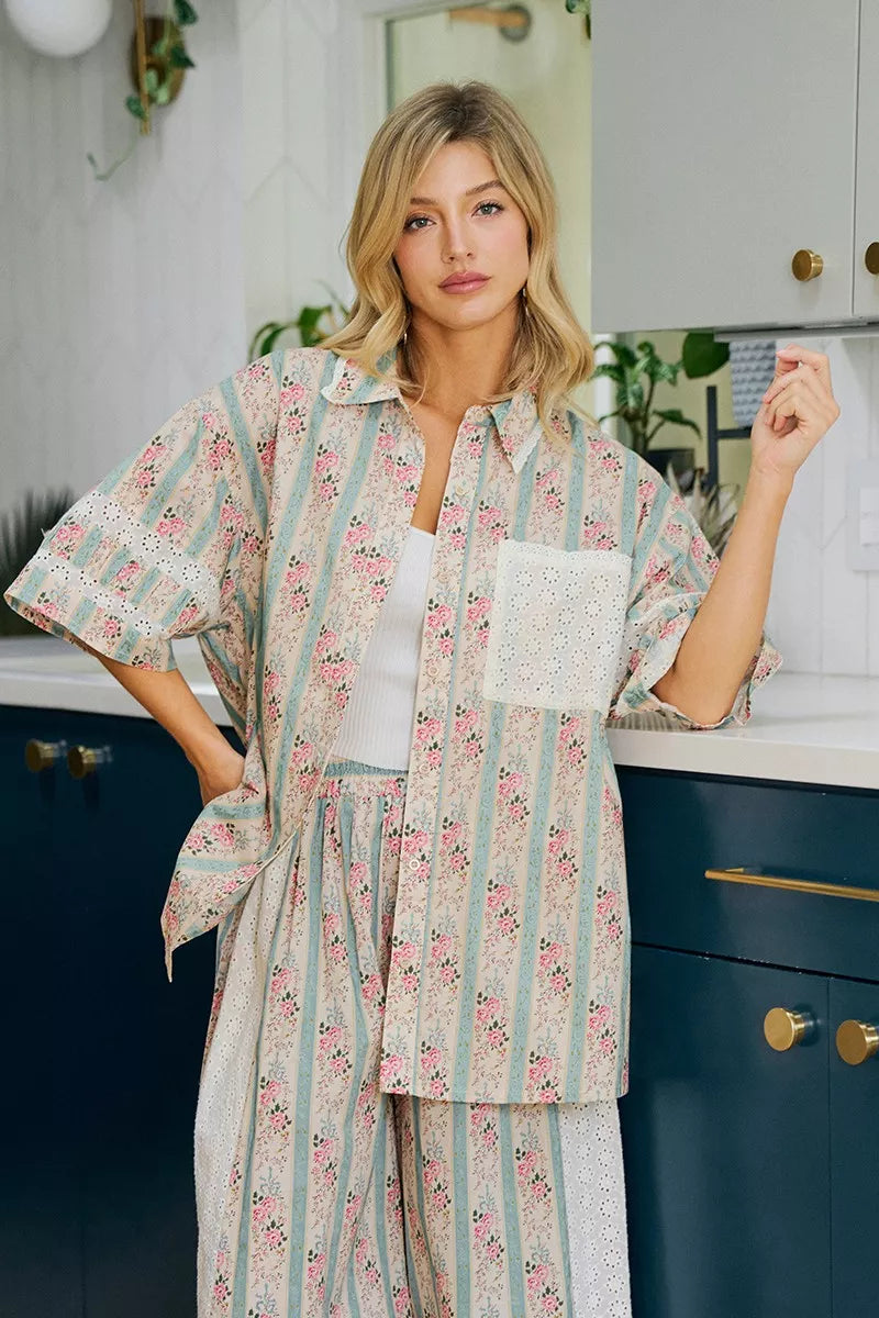 Bibi Eyelet Lace and Floral Mix and Match Shirt Top TEAL view 4 (top) - eyelet bib, bibi knit top, bibi - shop at us.meeeshop