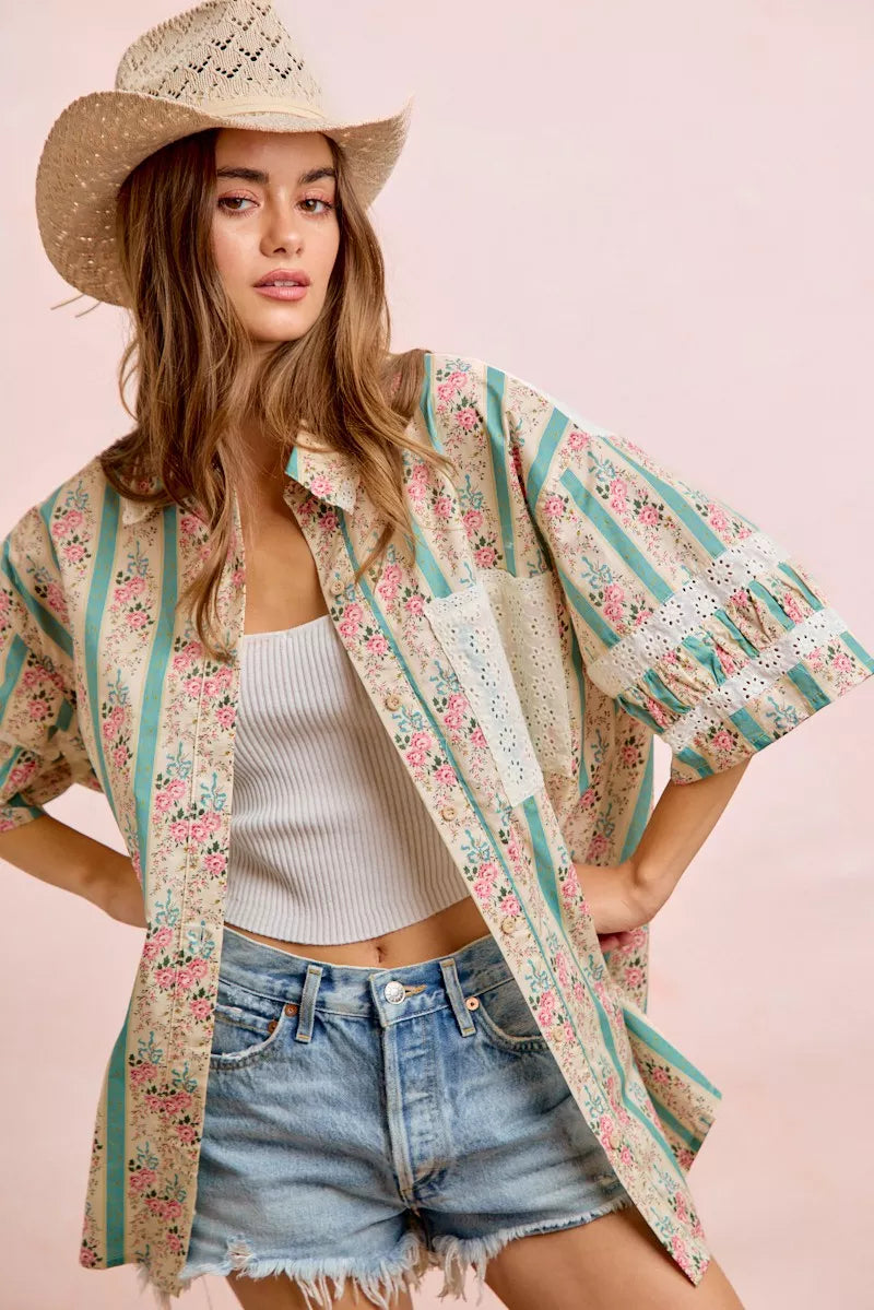 Bibi Eyelet Lace and Floral Mix and Match Shirt Top view 5 (top) - eyelet bib, bibi knit top, bibi top - shop at us.meeeshop
