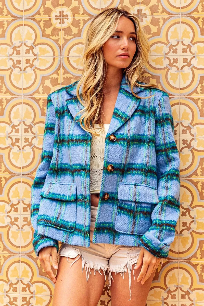 Bibi Flap Pockets Brushed Vintage Plaid Jacket LTBLUEMULTI (layer) - plaid jacket, vintage plaid jacket - shop at us.meeeshop