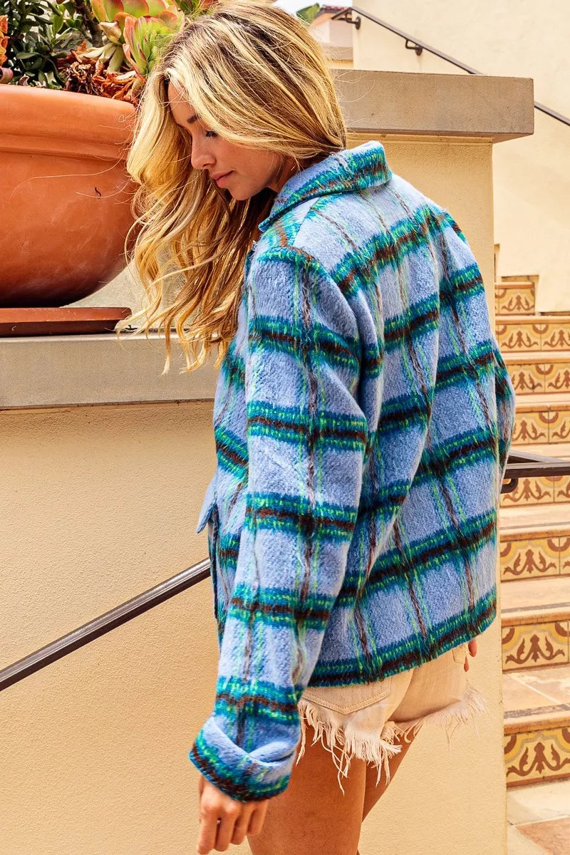 Bibi Flap Pockets Brushed Vintage Plaid Jacket LTBLUEMULTI view 2 (layer) - plaid jacket, vintage plaid - shop at us.meeeshop